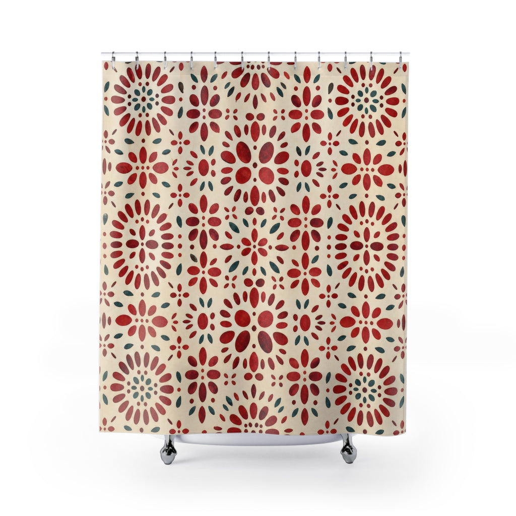 Green Medallion Red Floral Shower Curtain