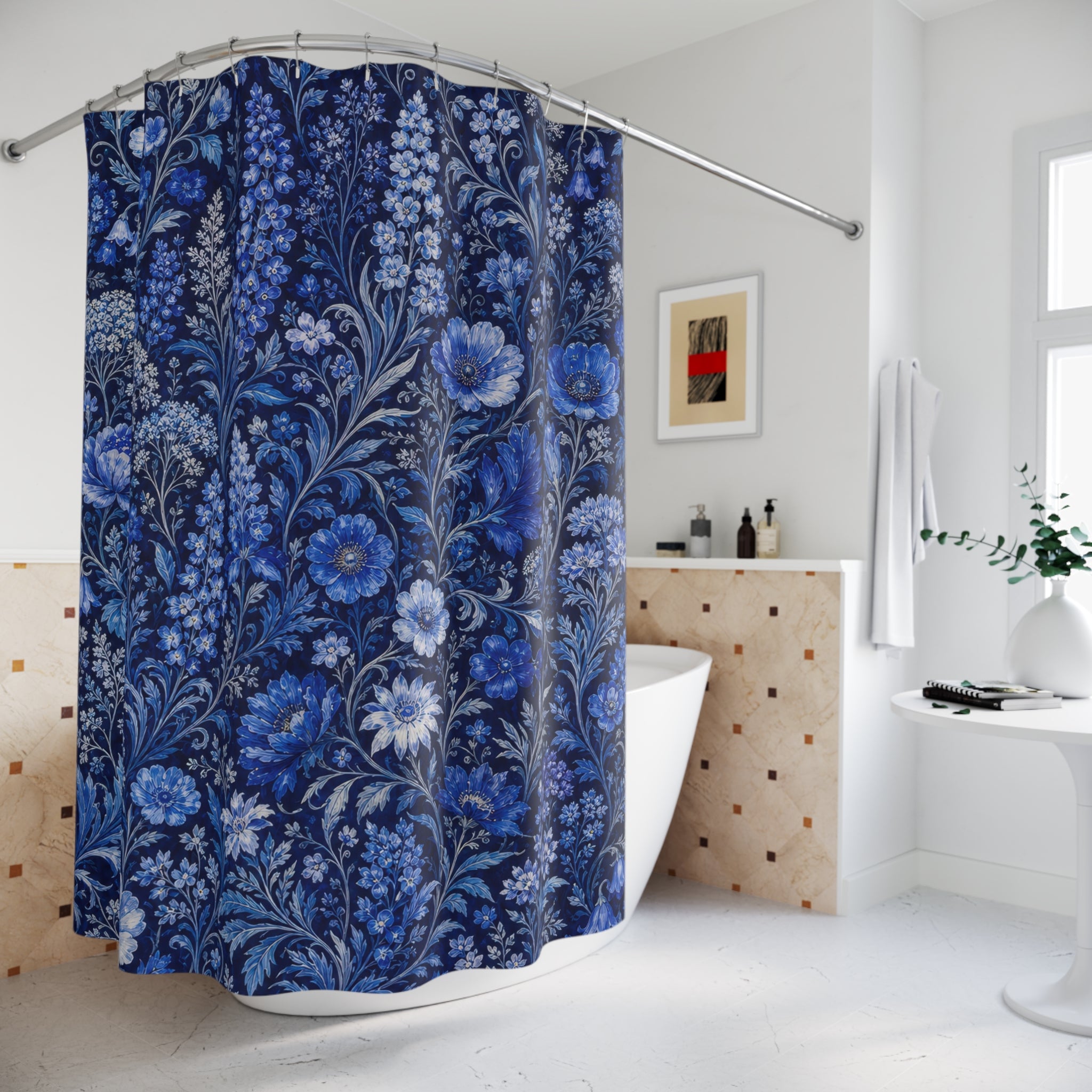 Dark Blue Floral Shower Curtain, Dark Blue Botanical Bathroom Decor, Dark Floral Bath Curtain, Guest Bath Decor, Small Bathroom Decor