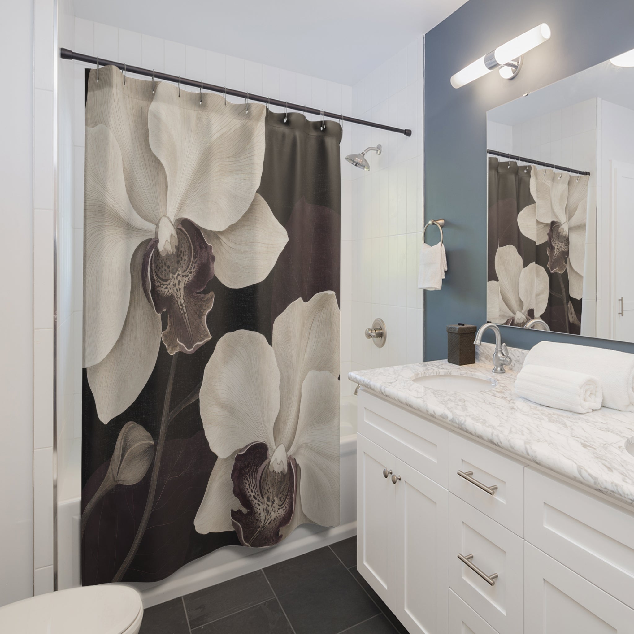 White Orchid Black Floral Shower Curtain: White Orchid Shower