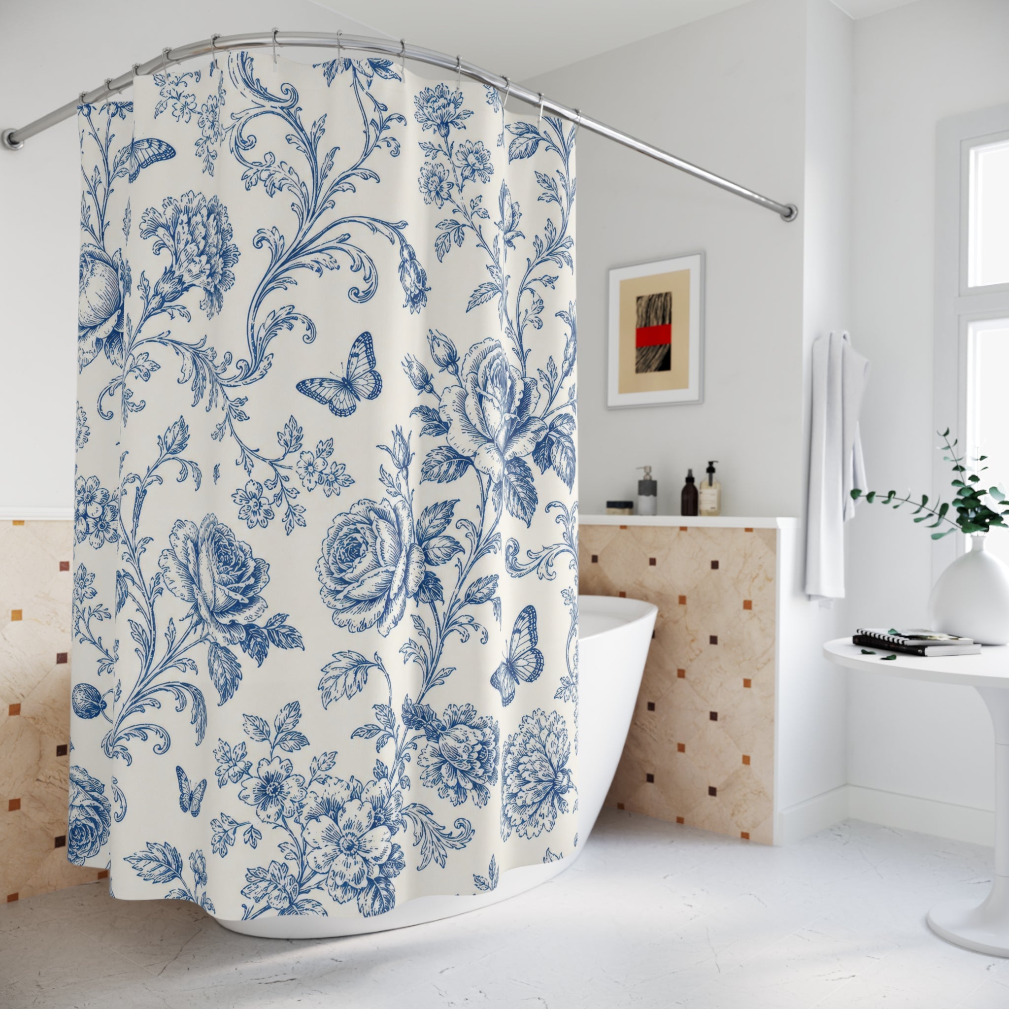 Blue Rose Toile Shower Curtain