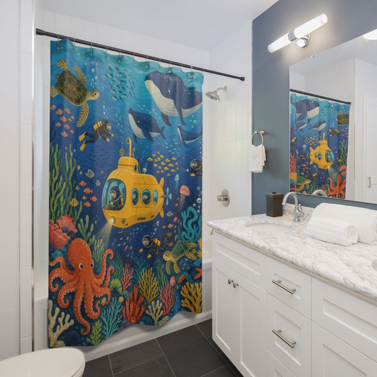 Children s Ocean Explorer Submarine Scene shower curtain beside a white vanity