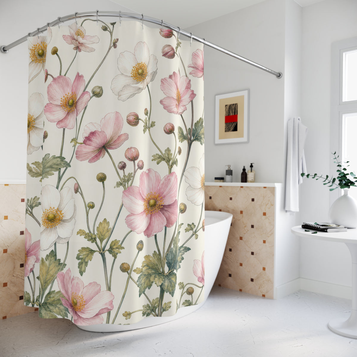Pink White Anemone Botanical flower shower curtain beside a freestanding tub
