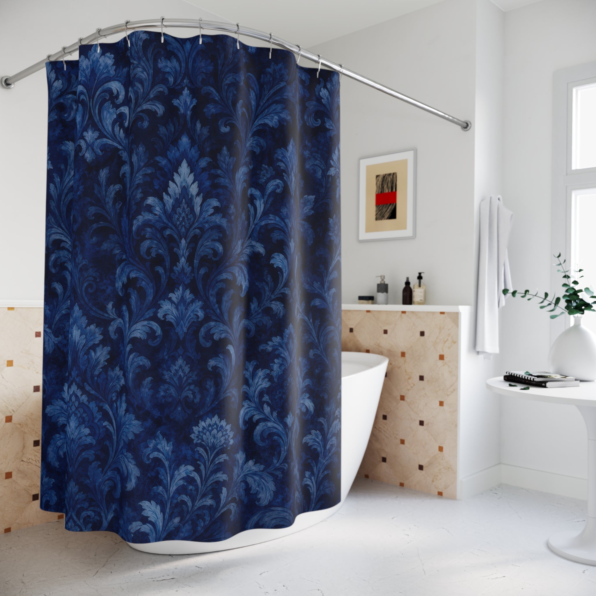 Navy Damask Shower Curtain