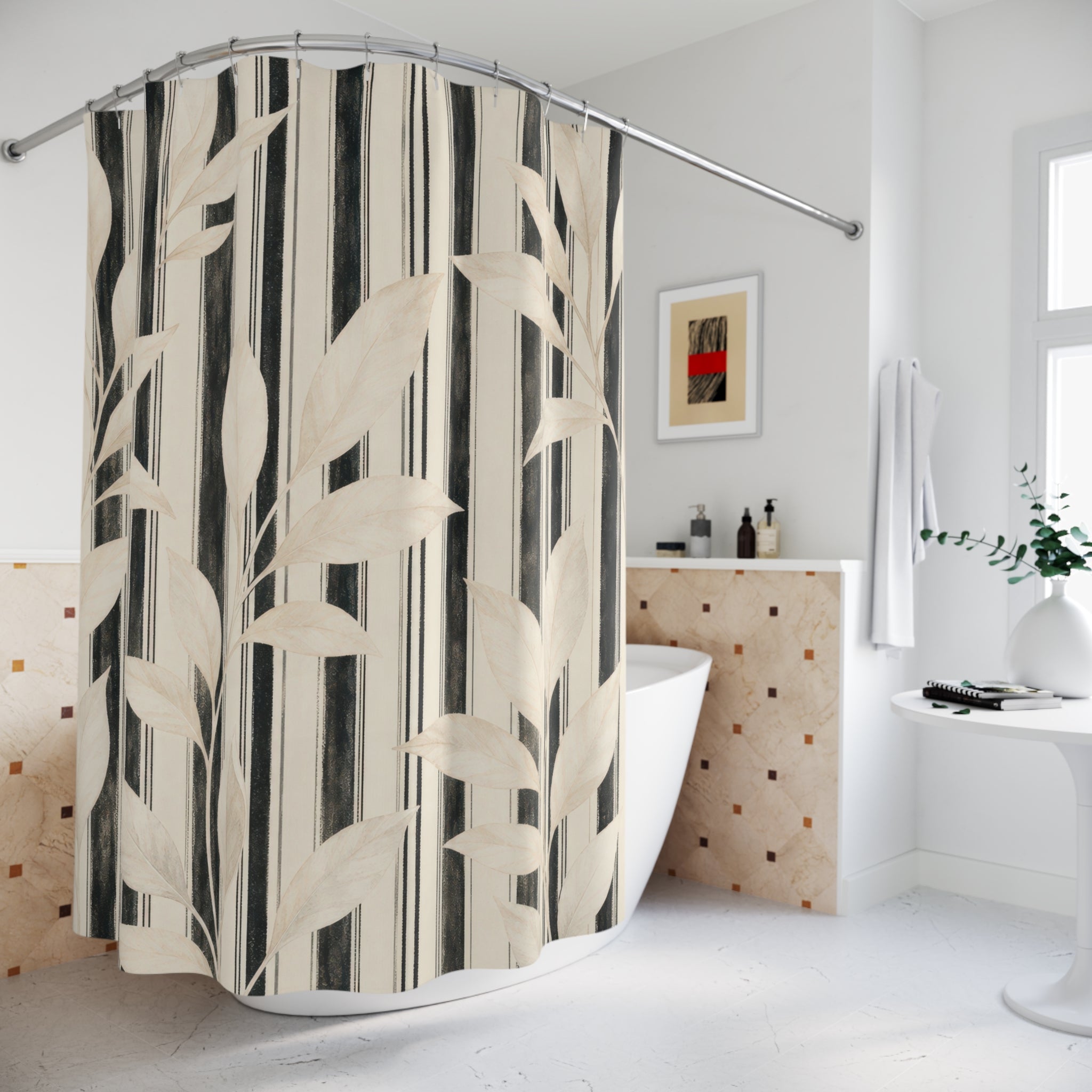 Cream Leaf Pinstripe Shower Curtain
