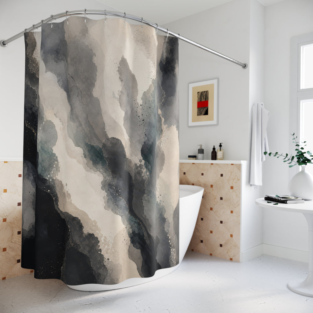 Black Abstract Shower Curtain, Gray Cream Modern Bath Decor, Smoky Mineral Pattern, Modern Smoky Dark Neutral Guest Bathroom Decor Style