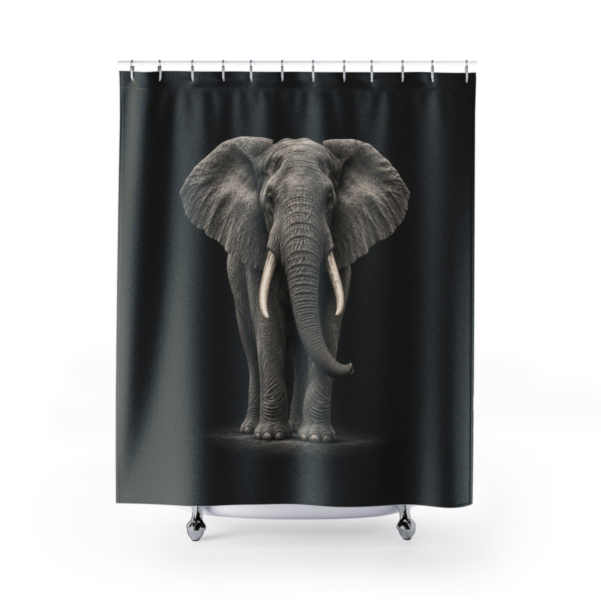 Gray elephant on charcoal shower curtain with full front view