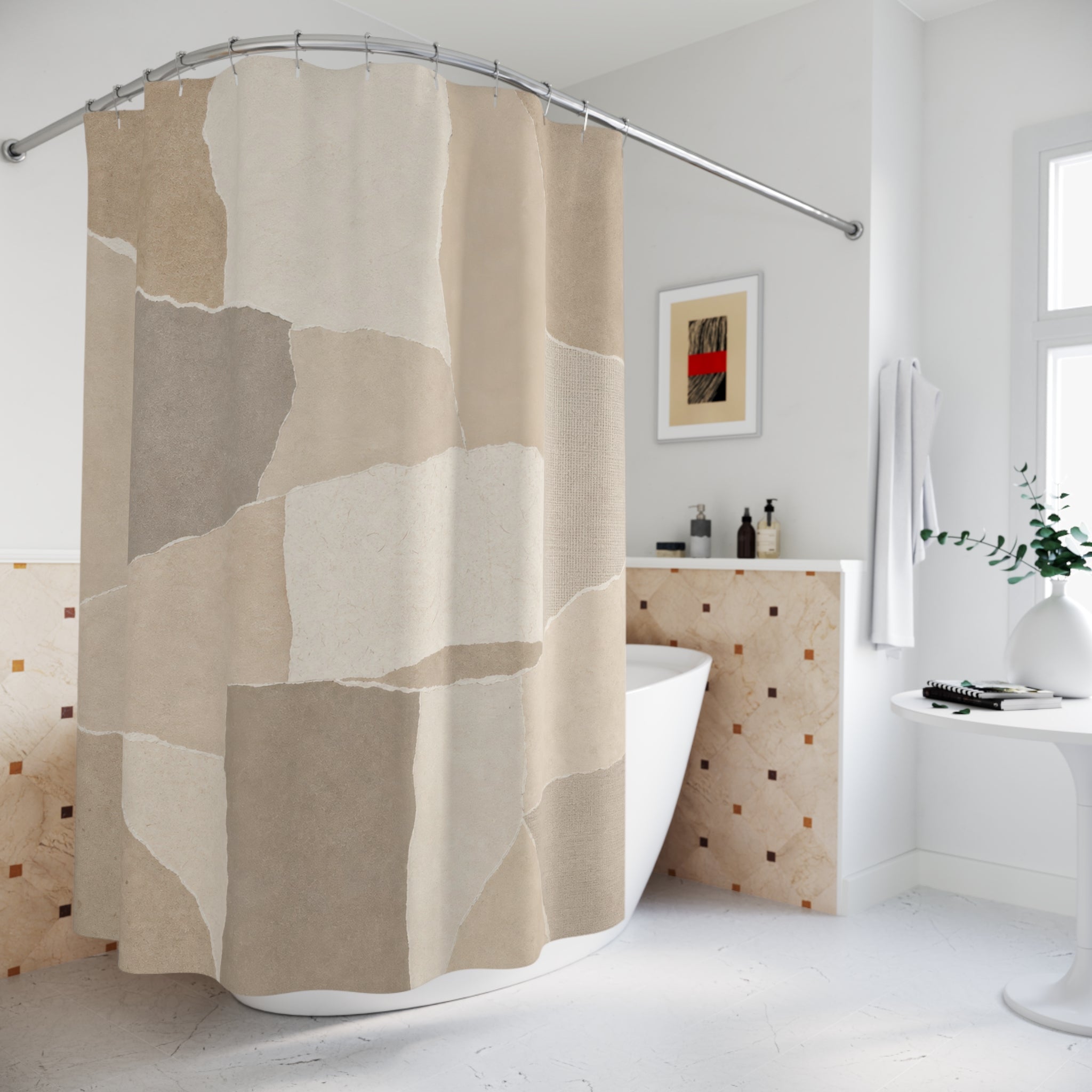 Beige Taupe Patchwork Block Shower Curtain