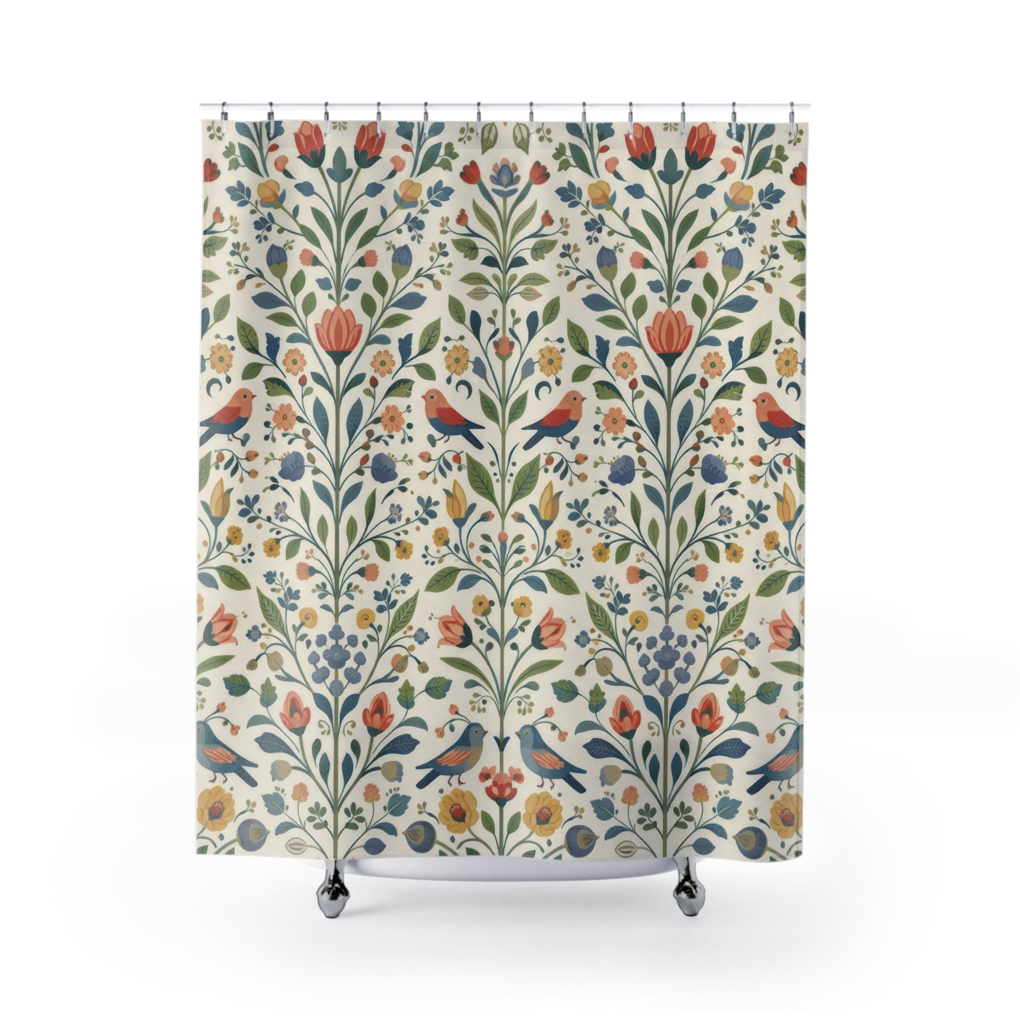 Scandinavian Folk Bird Shower Curtain – Blue and Coral