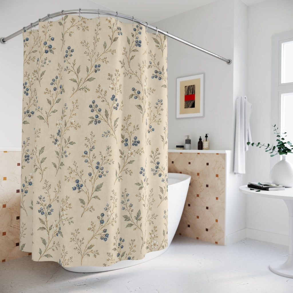 Cream Blue Meadow Vintage Floral Shower Curtain