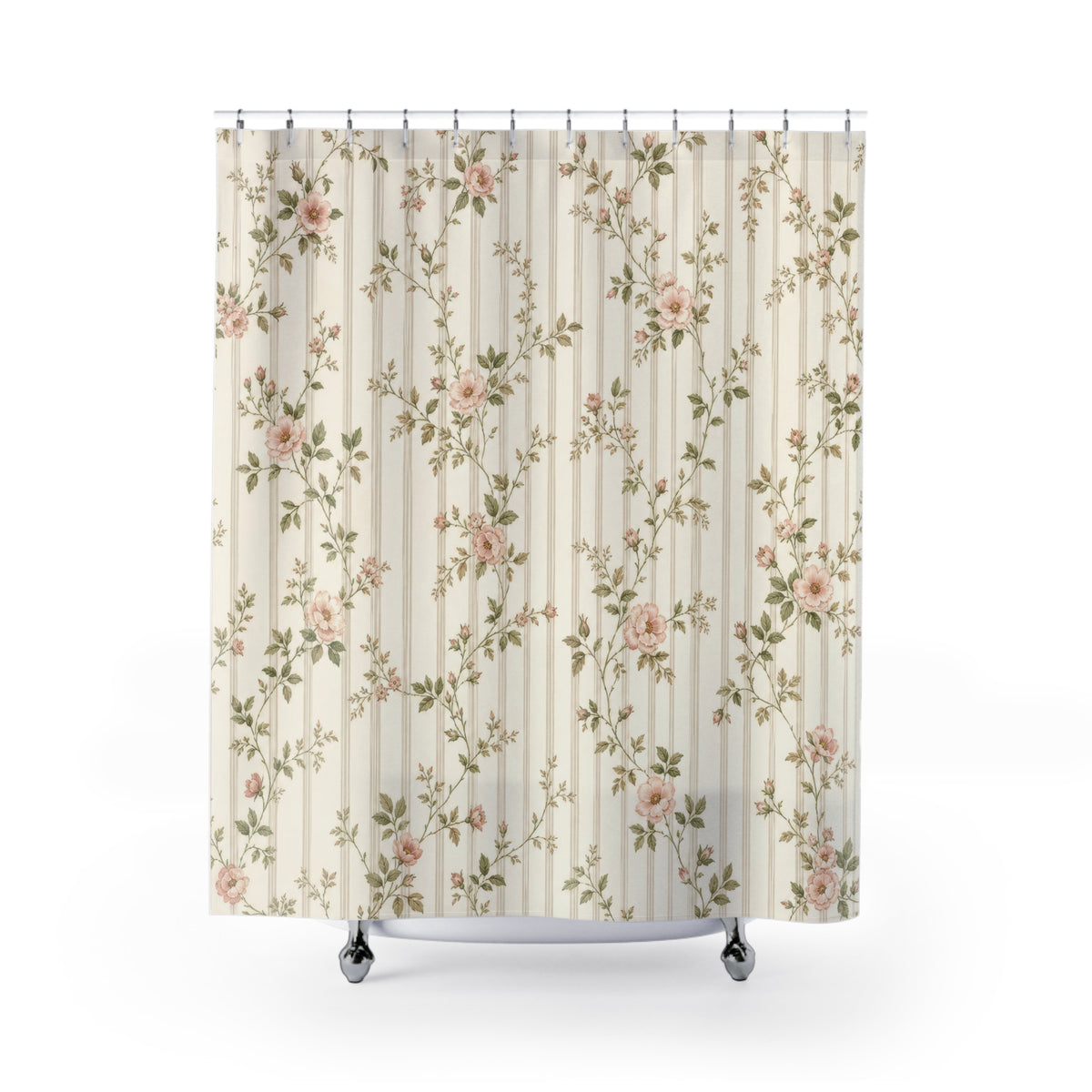 Pink Rose Vine striped pattern shower curtain with full front view