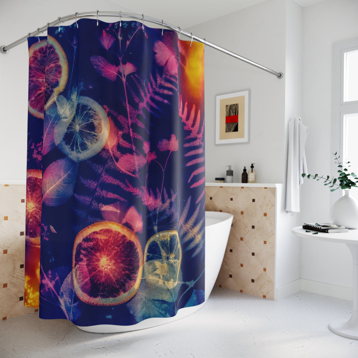 Photo Lumen Print Citrus Botanical Art shower curtain beside a freestanding tub