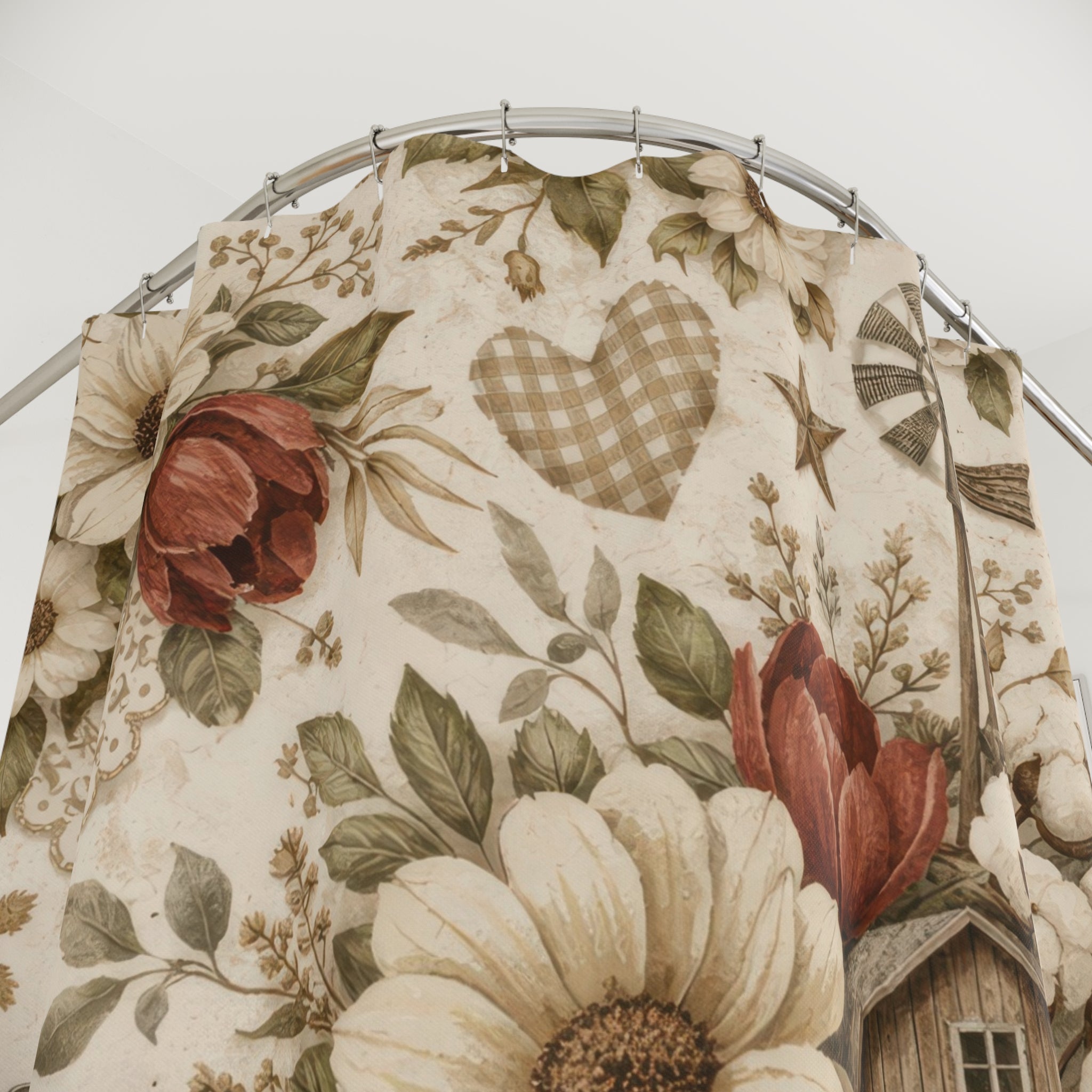 Farmhouse Floral Shower Curtain — Cream and Red