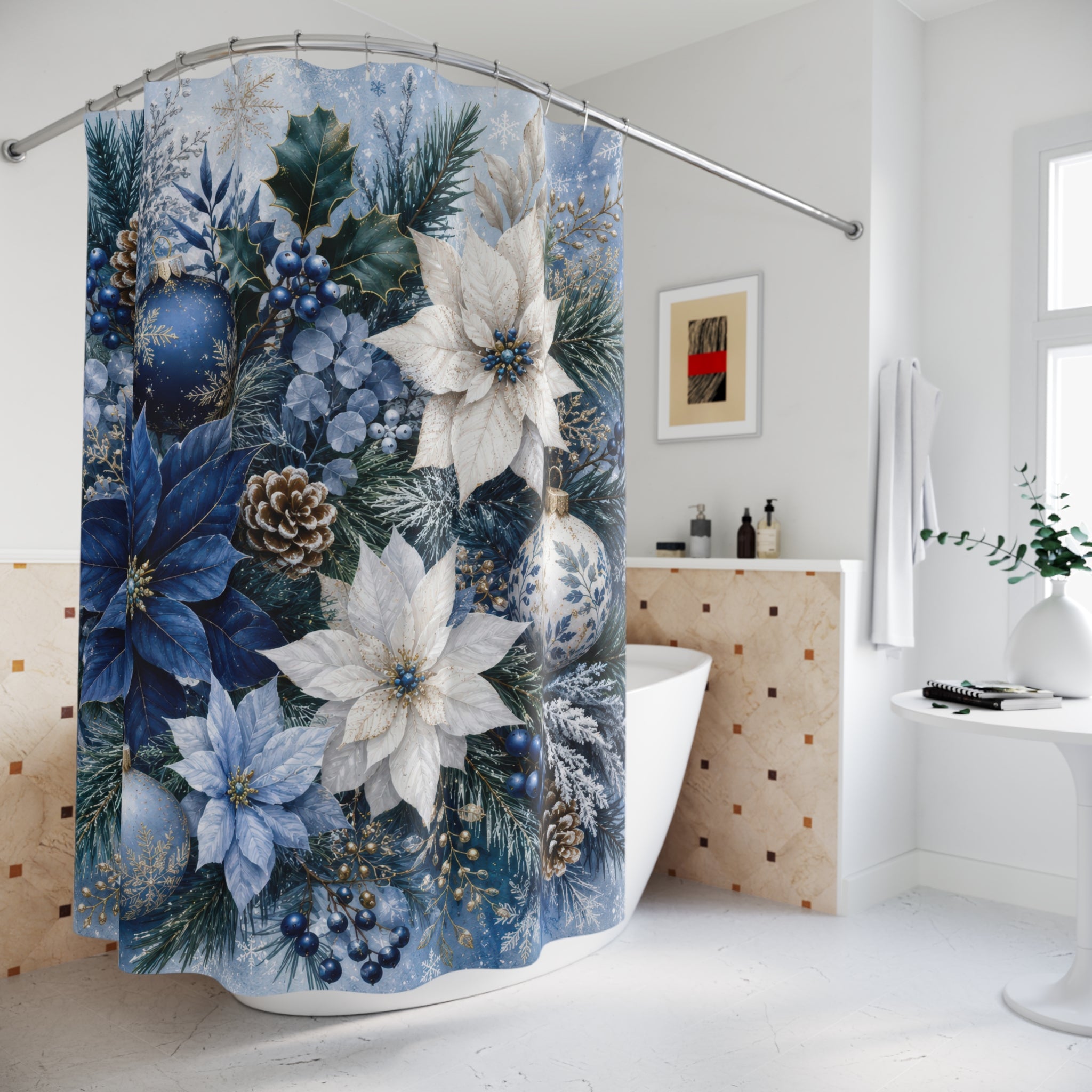 Winter Christmas Shower Curtain: Blue White Floral Holiday