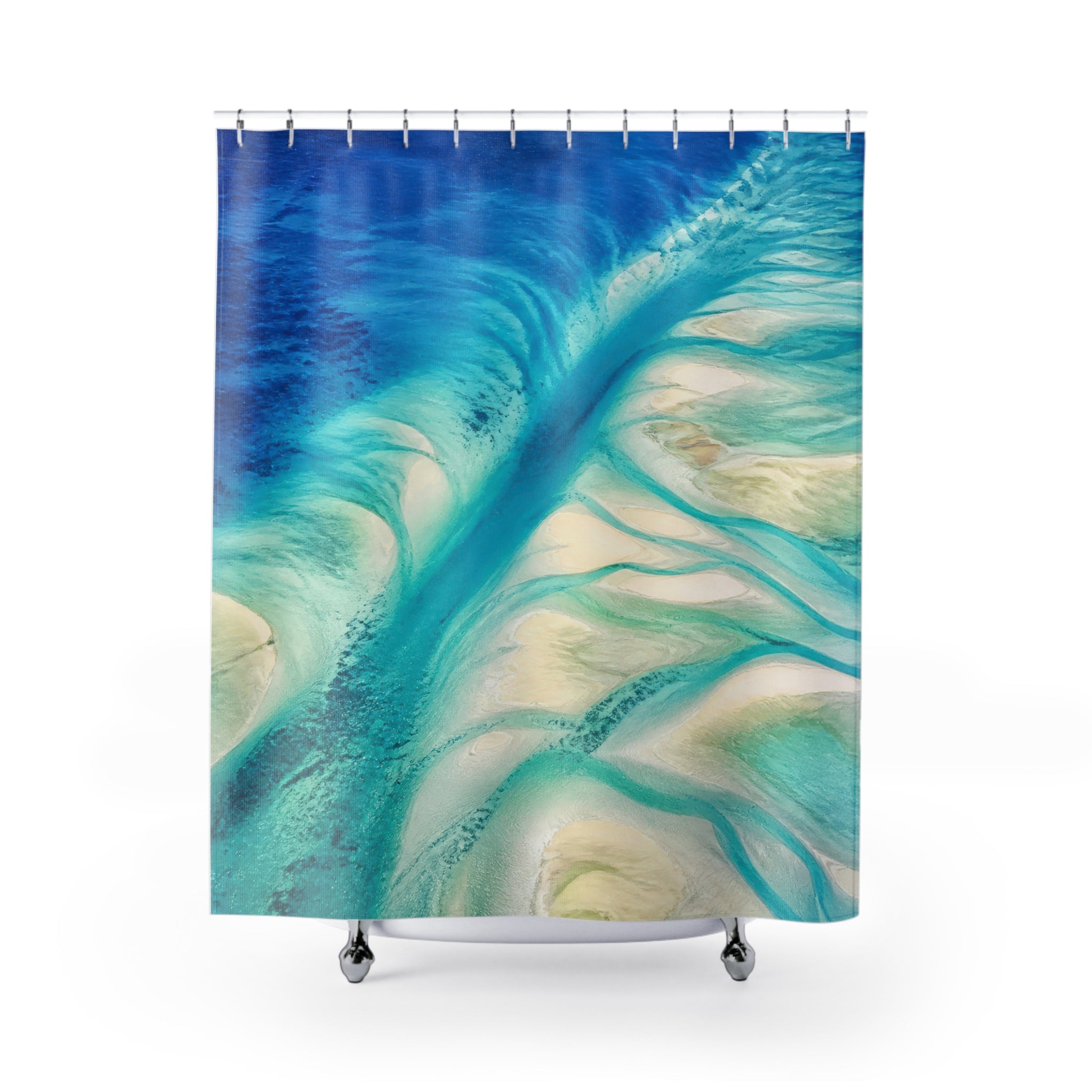 Aerial turquoise ocean channels over ivory sandbars shower curtain with full front view