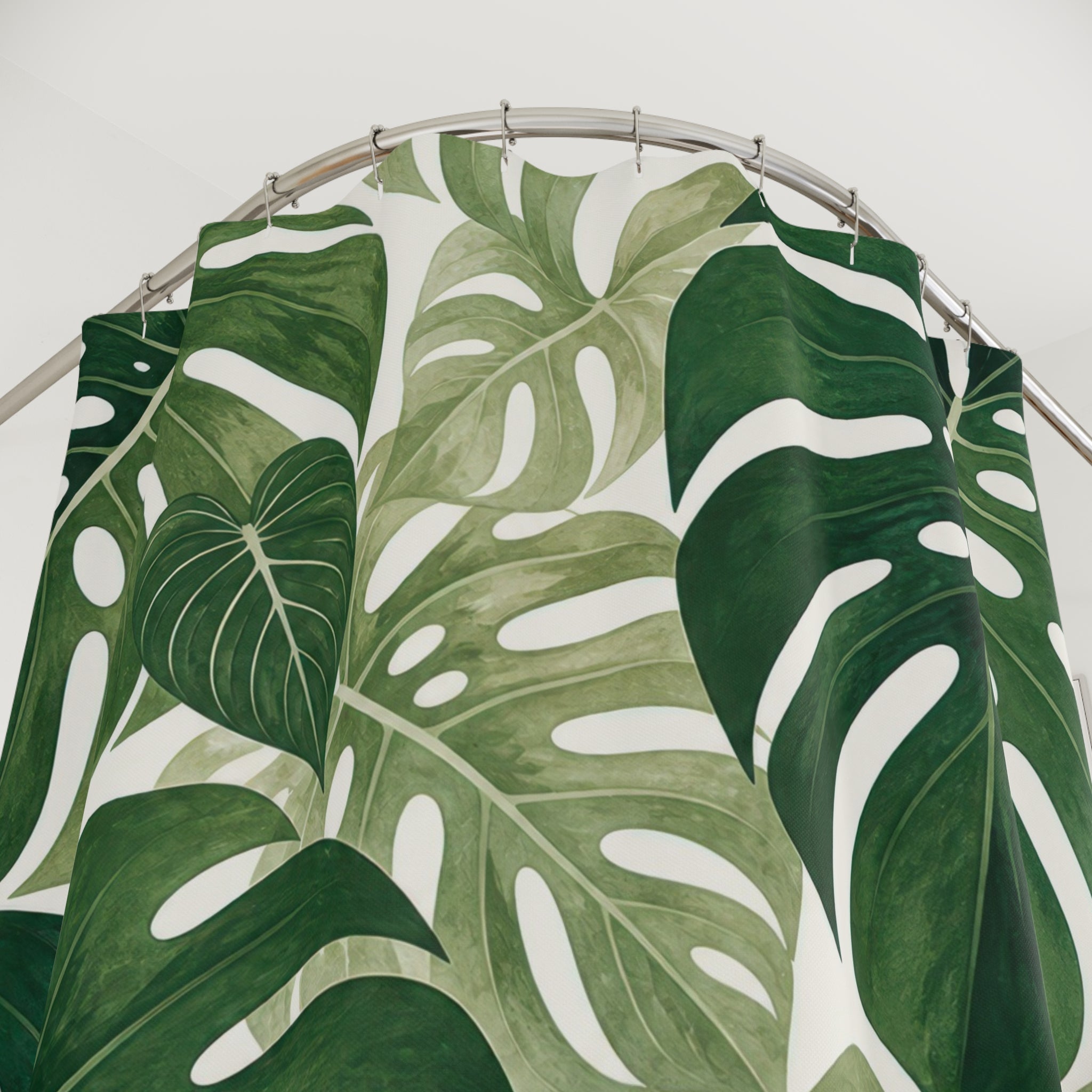 Dark Green White Monstera Leaf Shower Curtain