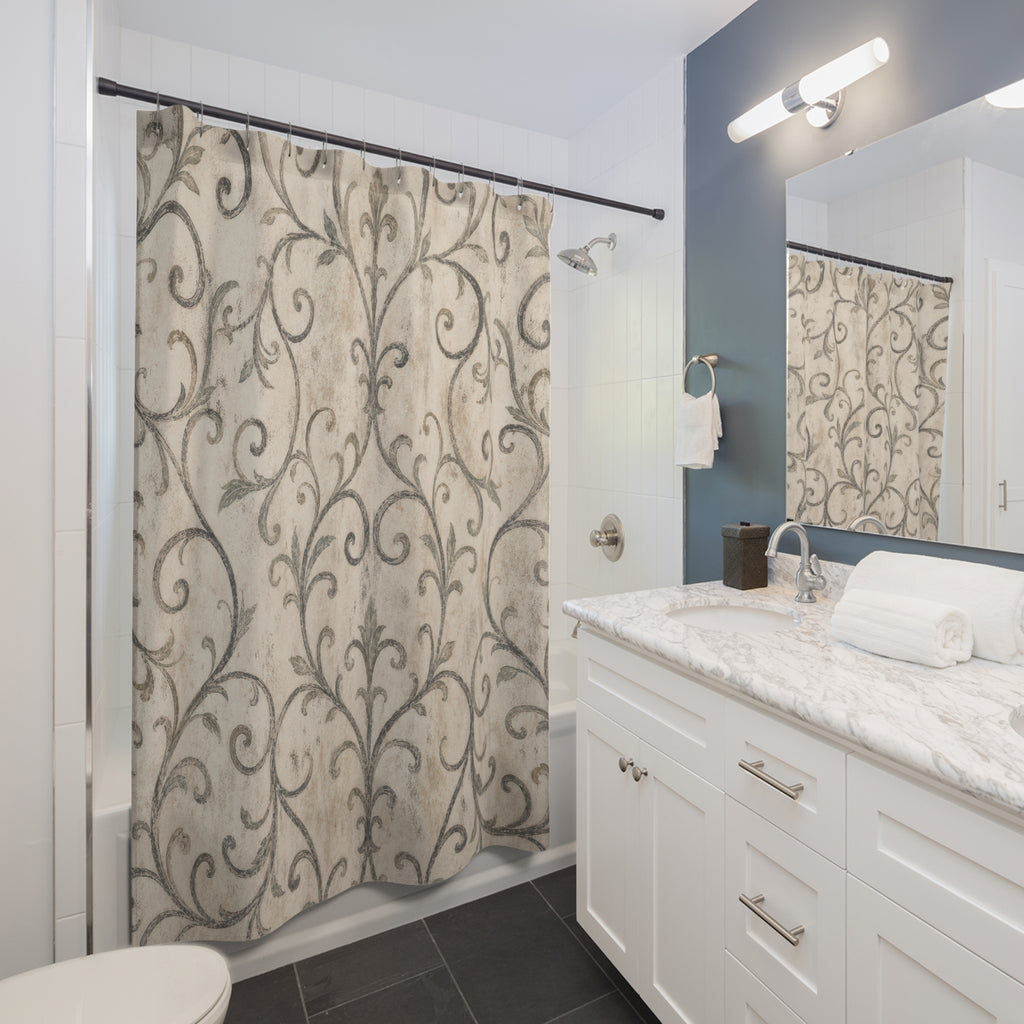 Grey Cream Damask Shower Curtain