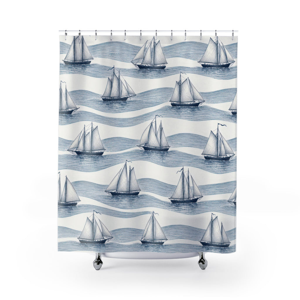 Navy sailboats on wavy blue water lines and white shower curtain with full front view