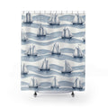 Navy sailboats on wavy blue water lines and white shower curtain with full front view