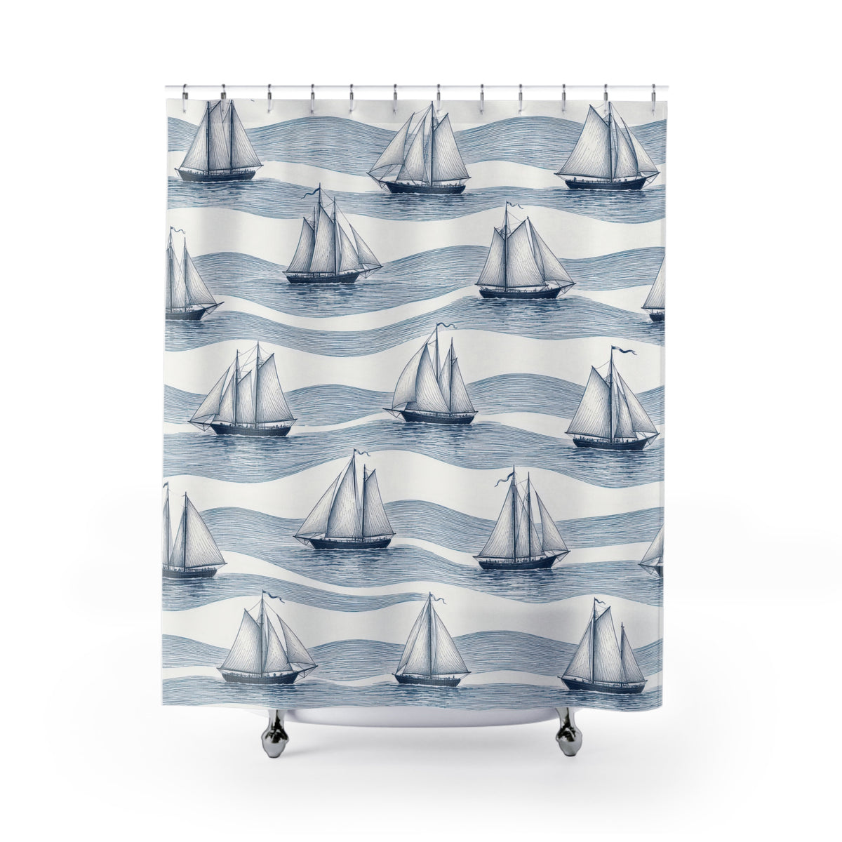 Navy sailboats on wavy blue water lines and white shower curtain with full front view