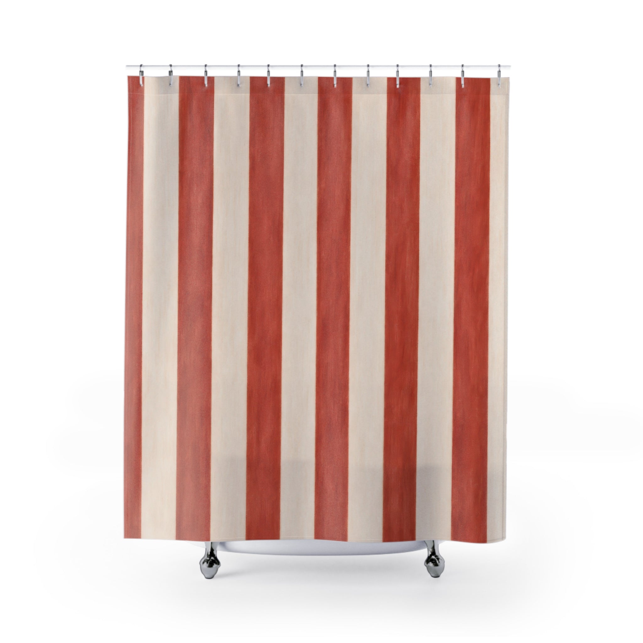 Red and White Painterly Stripe Shower Curtain
