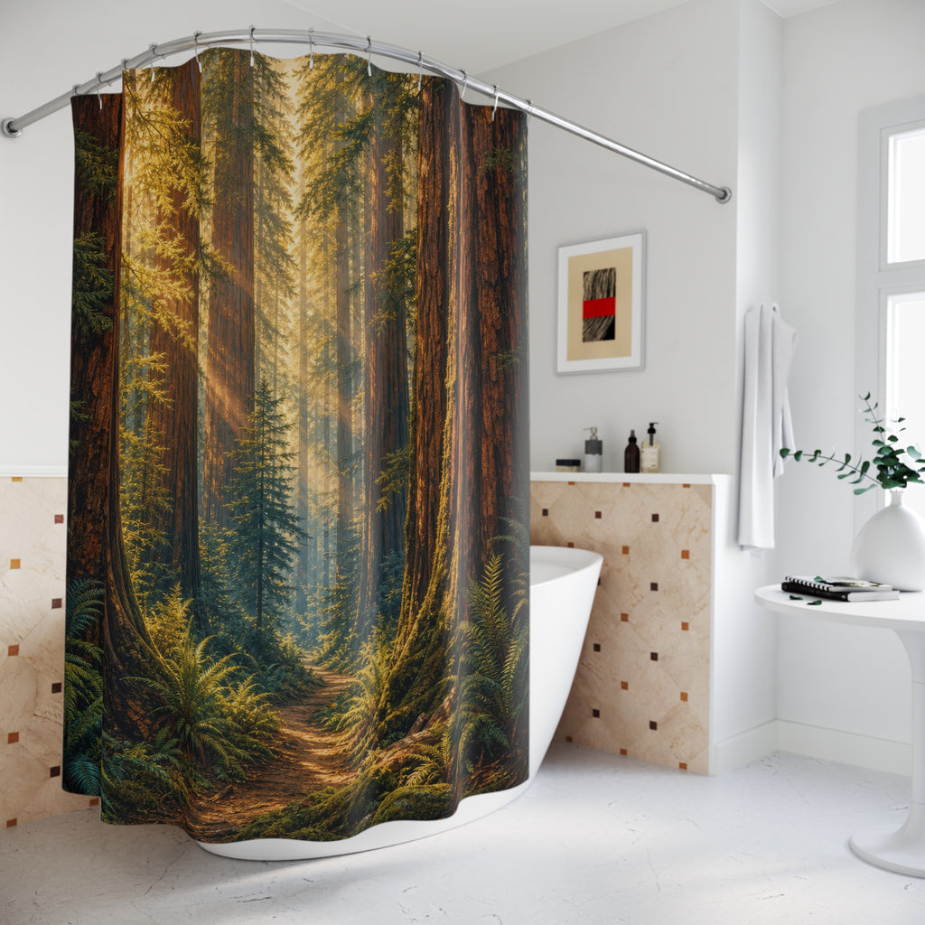 Unique Forest Shower Curtain, Redwood Tree Path Art, Green Woodland Bathroom Decor, Cabin Nature Wall Decor Guest Bath Gift For Home
