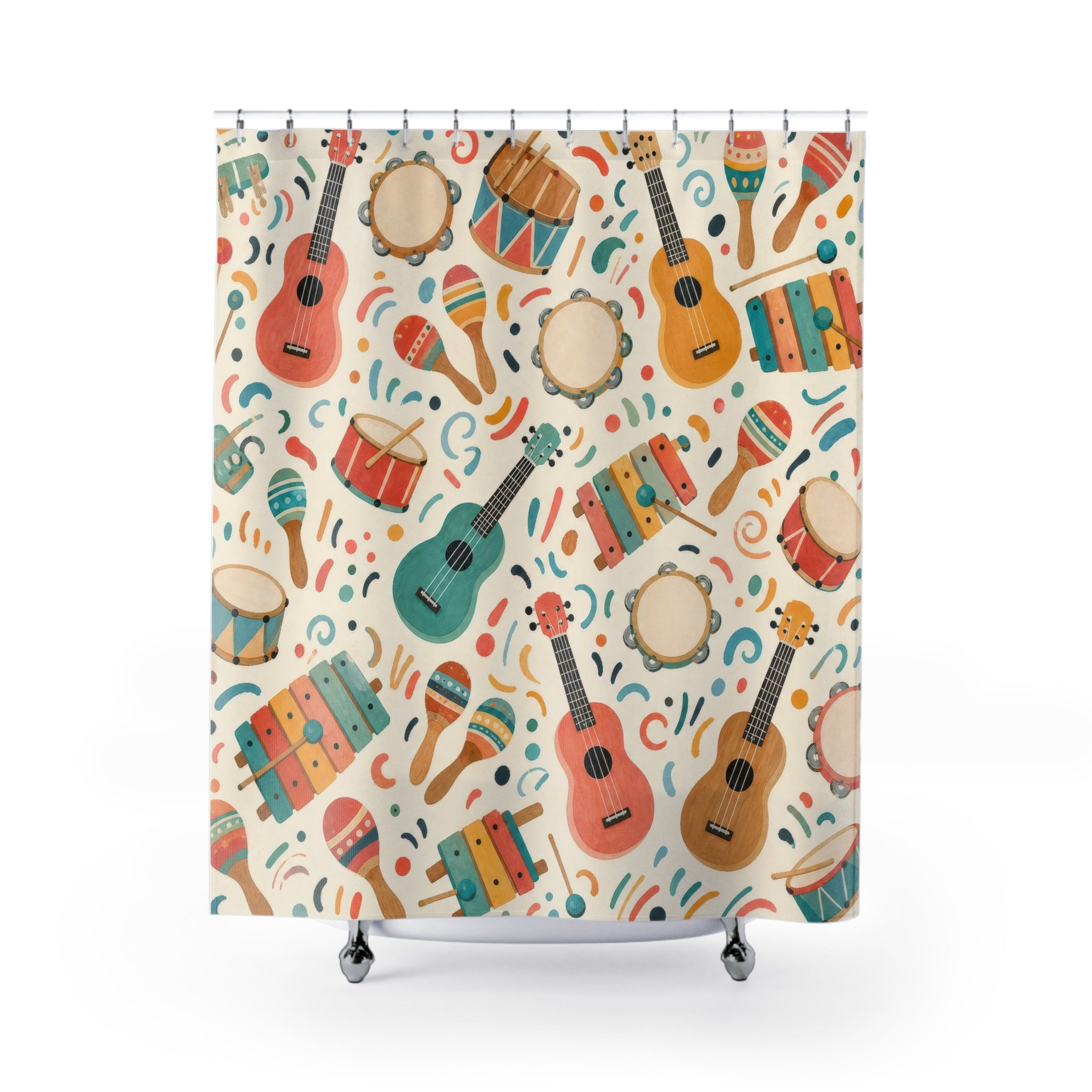 Kids Music Shower Curtain, Guitar Drum Instrument Pattern, Colorful Playroom Bathroom Decor, Music Room Preschool Wall Guest Bath Gift