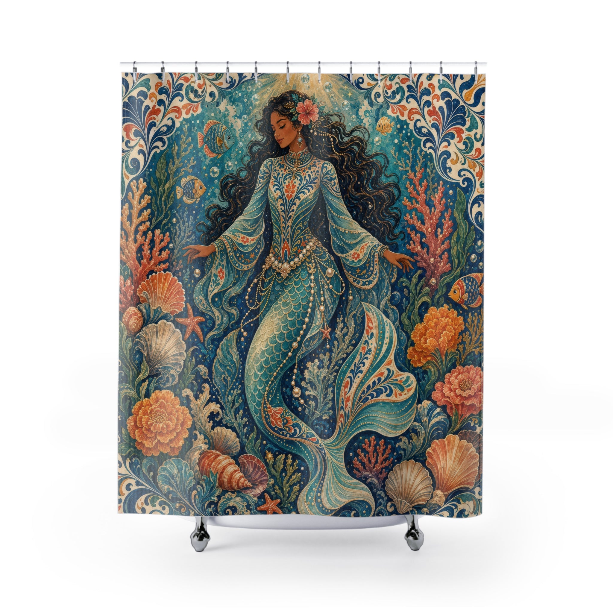 Dark Curly Hair Ocean Shower Curtain