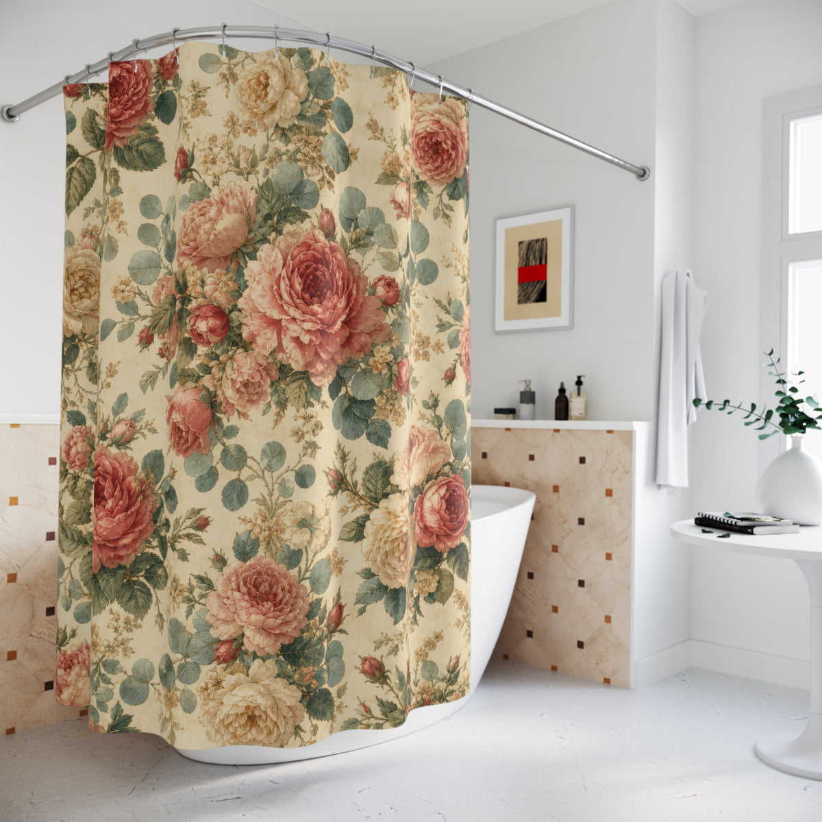 Vintage Floral Bouquet rose pattern shower curtain beside a freestanding tub