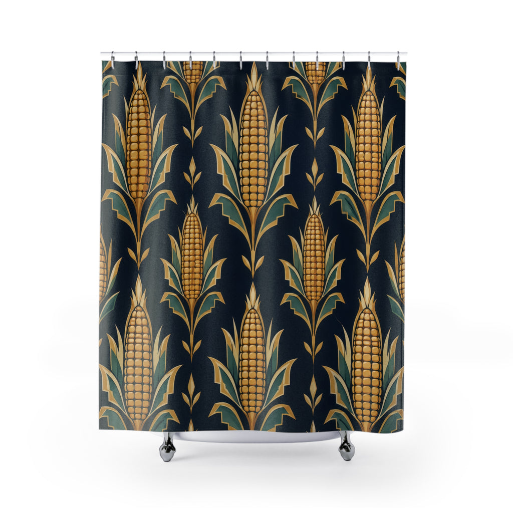 Golden maize with teal husks on navy shower curtain with full front view