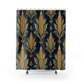 Golden maize with teal husks on navy shower curtain with full front view
