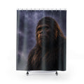 Dark brown Bigfoot portrait against slate-violet rain shower curtain with full front view