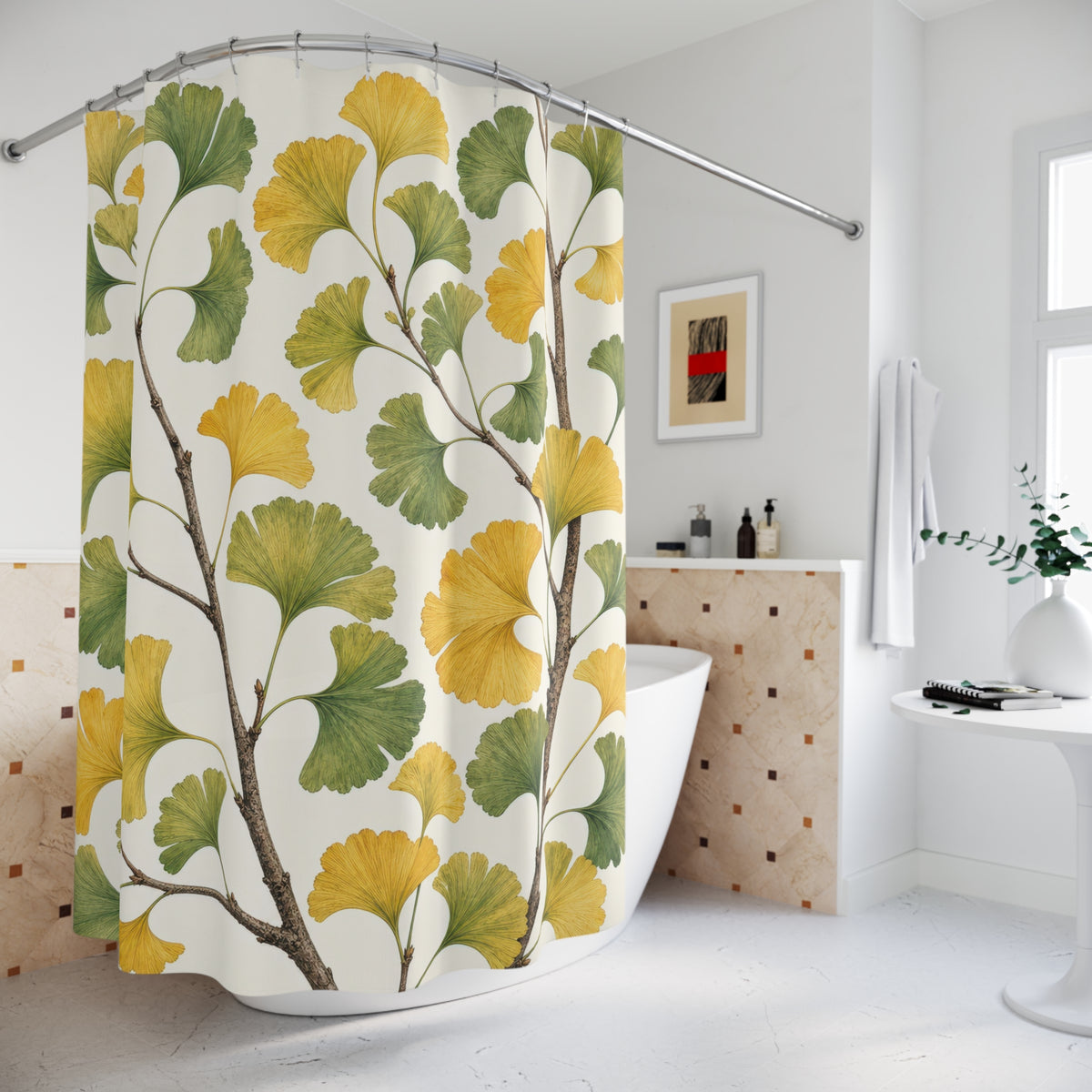 Yellow Green Botanical Leaf ginkgo shower curtain beside a freestanding tub