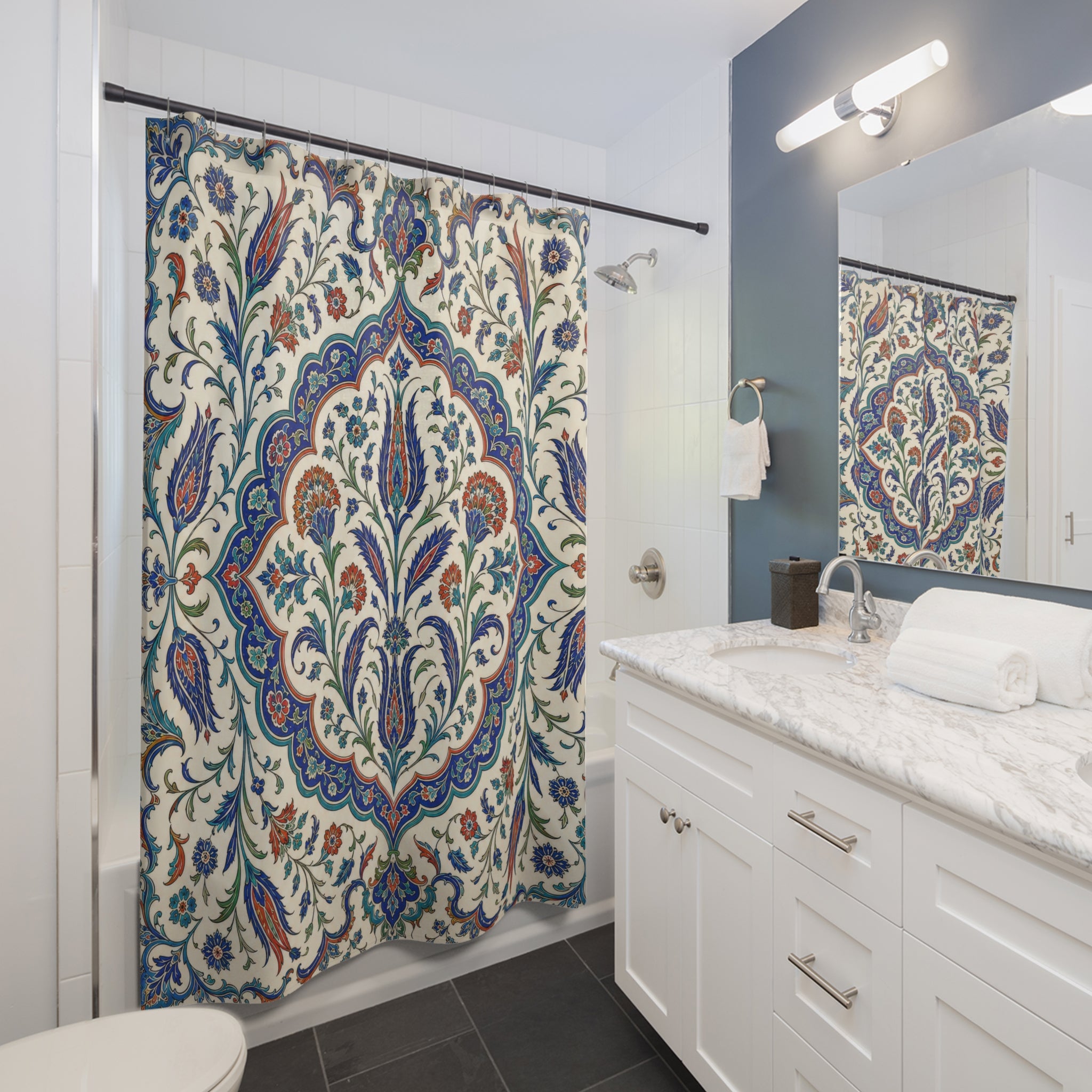 Turkish Shower Curtain: Blue Beige Iznik Tile Floral
