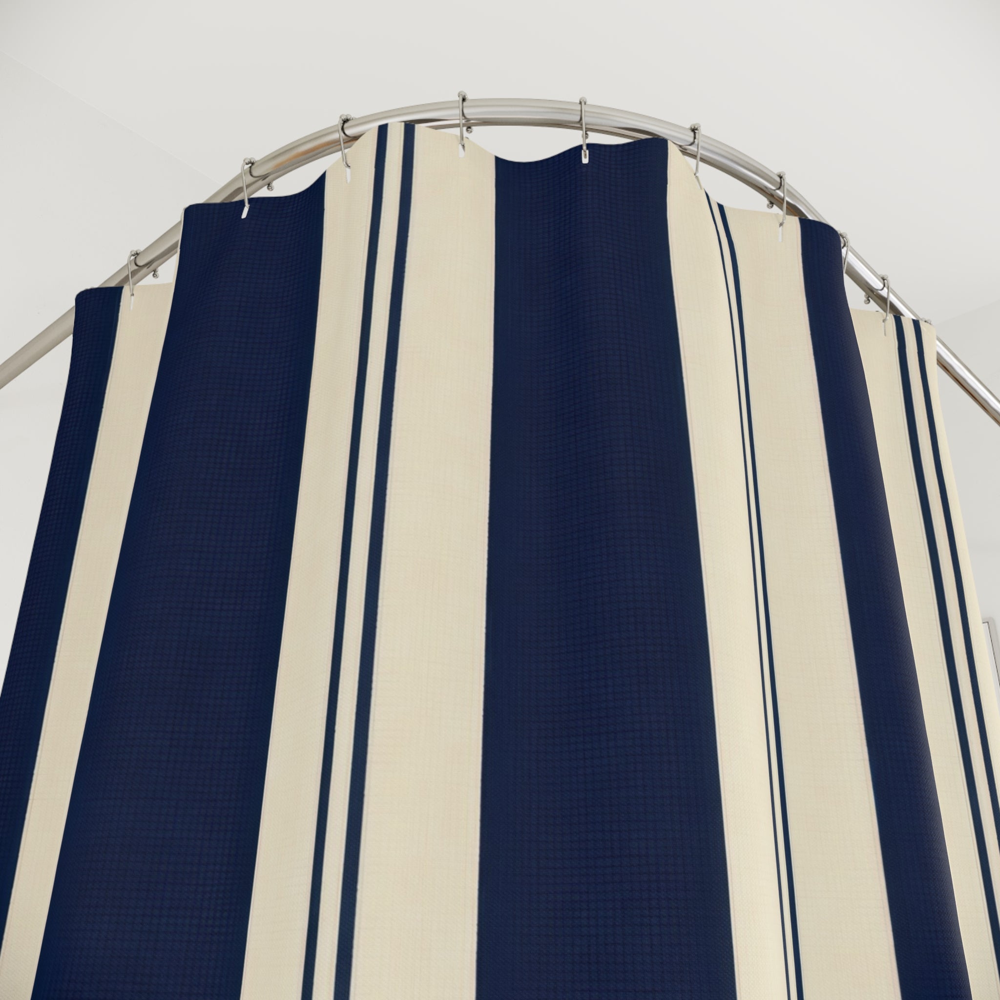 Navy Cream Tan Vertical Stripe Shower Curtain