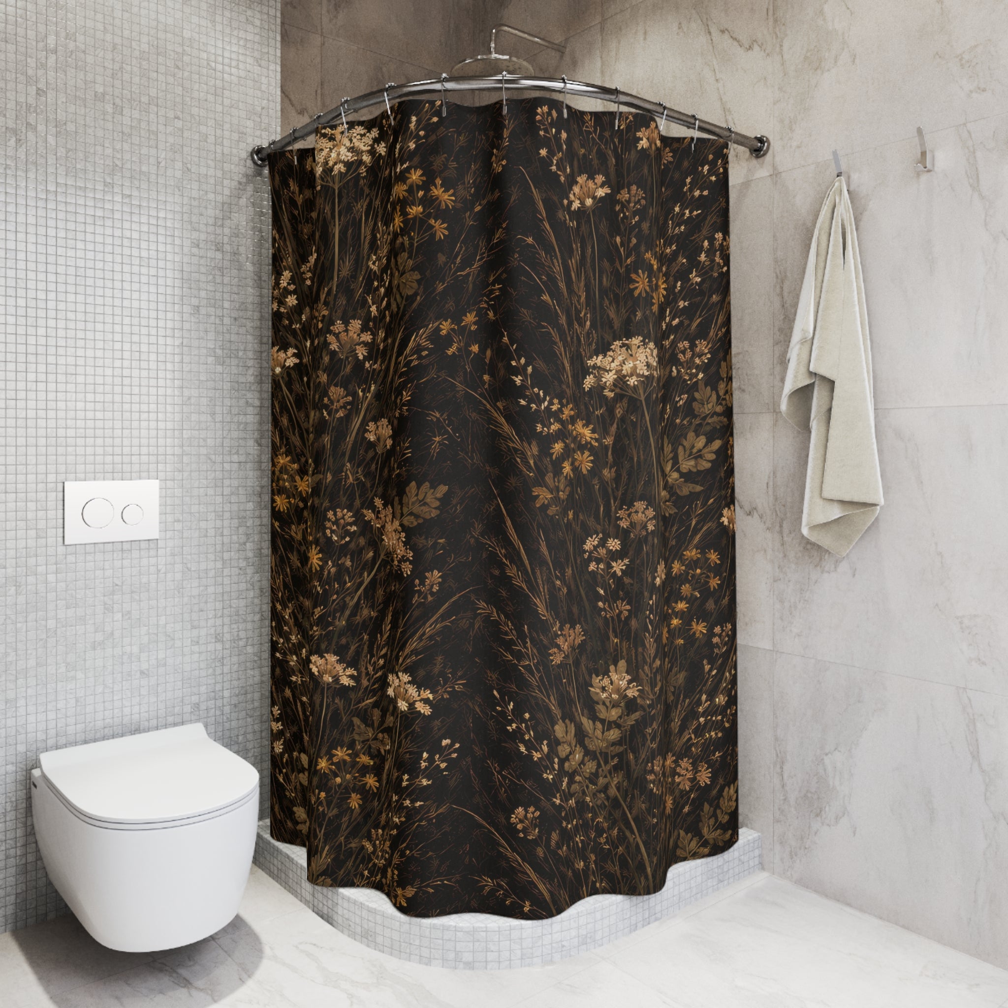 Dark Floral Shower Curtain — Black Gold Meadow