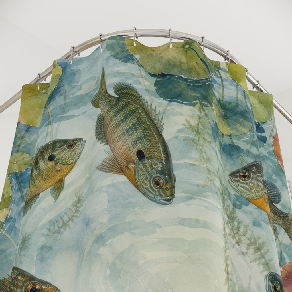 Colorful bluegill and sunfish circling beneath lily pads shower curtain with close-up print, hooks, and folds