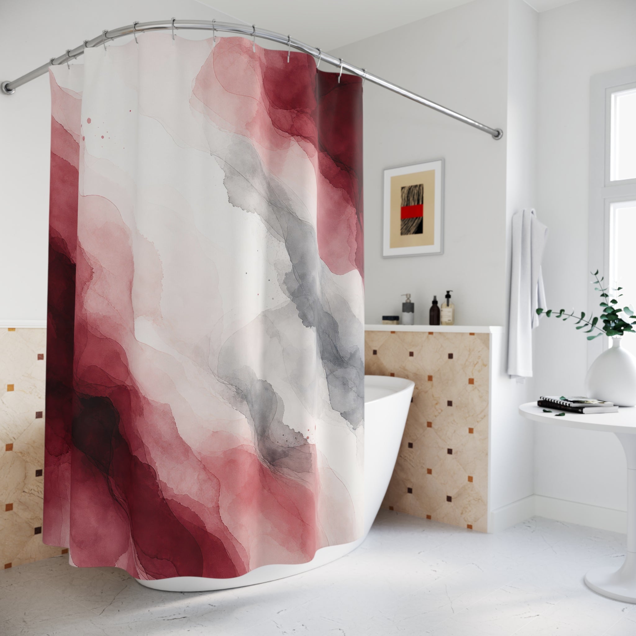 Burgundy Red Gray Abstract Watercolor Shower Curtain