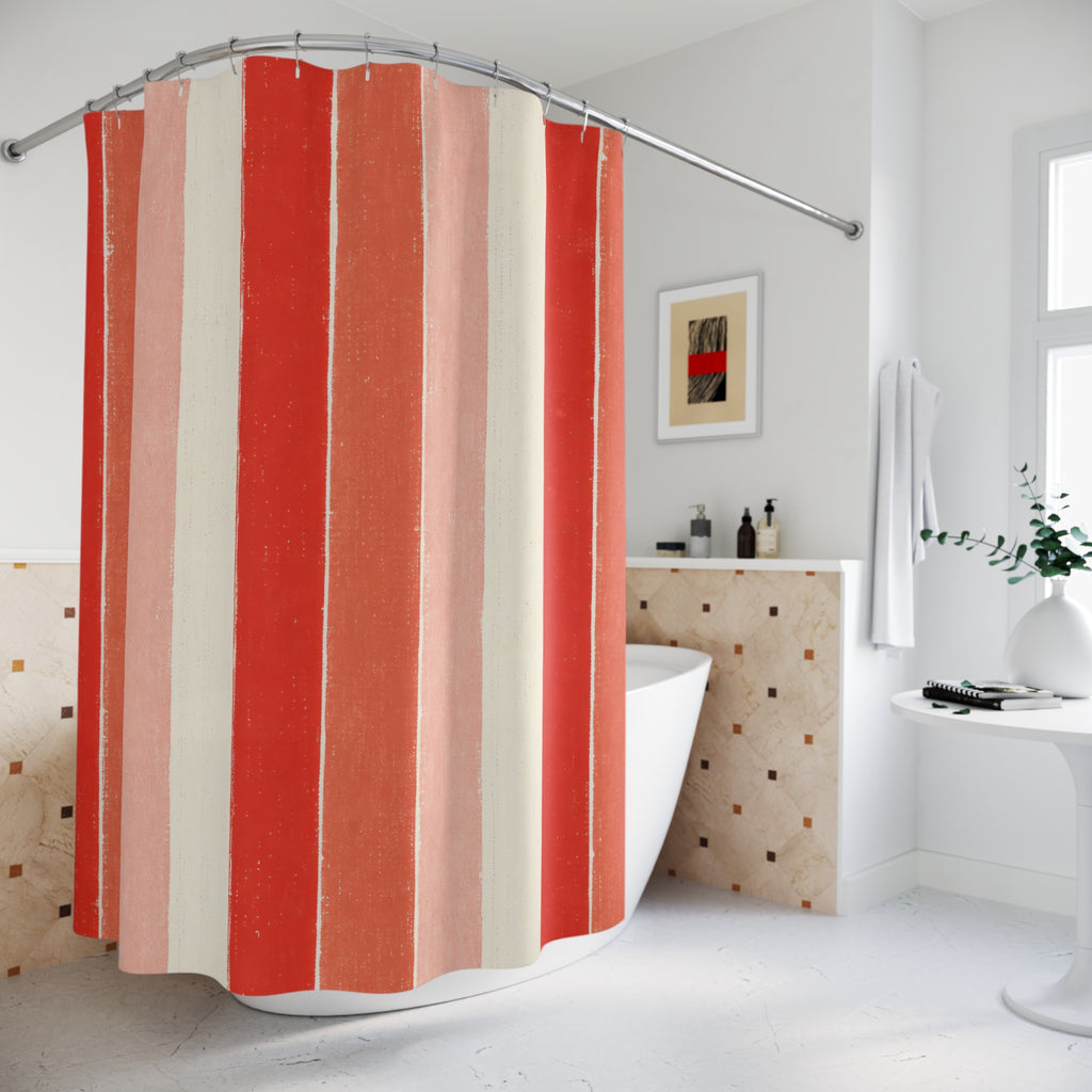 Tomato Red Block Print Shower Curtain, Tomato Red Modern Bathroom Decor, Modern Stripe Bath Curtain, Guest Bath Decor, Small Bathroom Decor