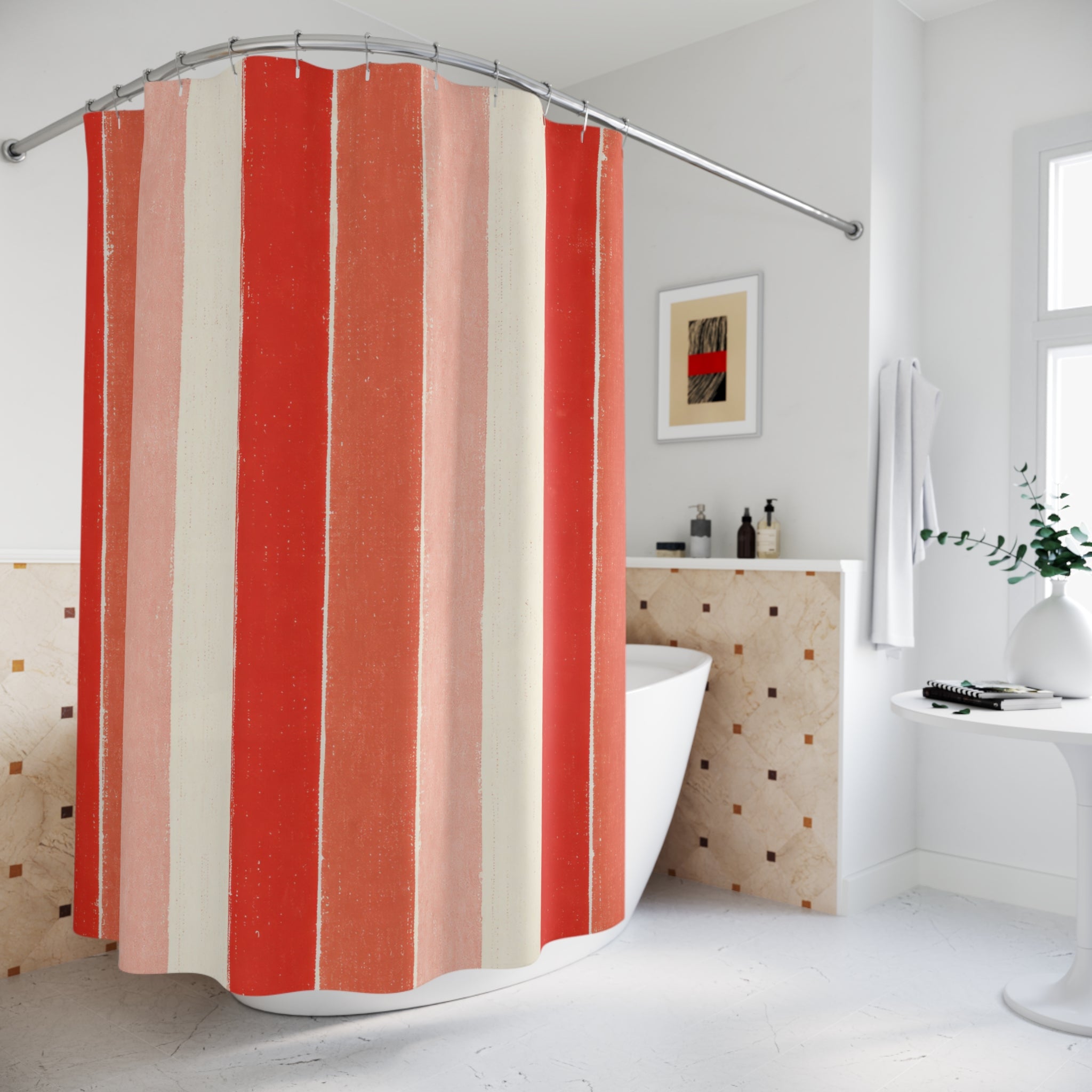 Tomato Red Block Print Shower Curtain, Tomato Red Modern Bathroom Decor, Modern Stripe Bath Curtain, Guest Bath Decor, Small Bathroom Decor