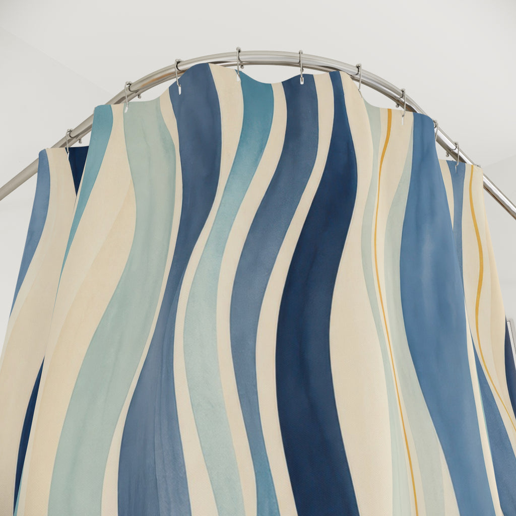 Navy Aqua Wavy Ribbon Shower Curtain