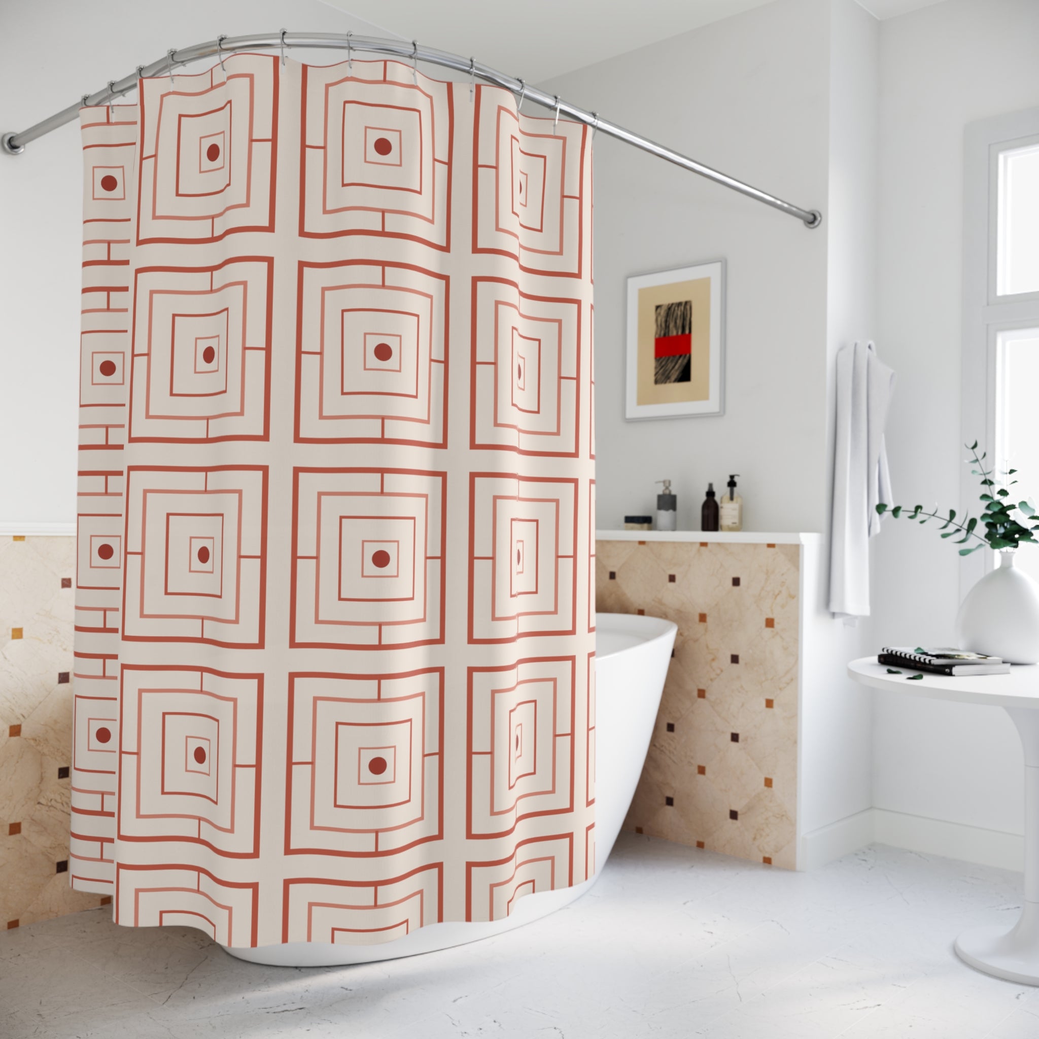 Coral and Beige Geometric Shower Curtain