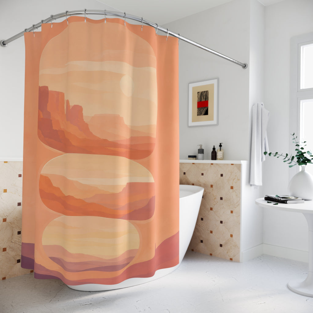 Peach desert canyon portals shower curtain beside a freestanding tub