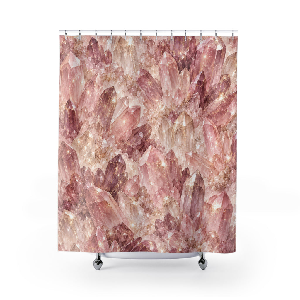 Pink and mauve quartz crystals with pale glints shower curtain with full front view
