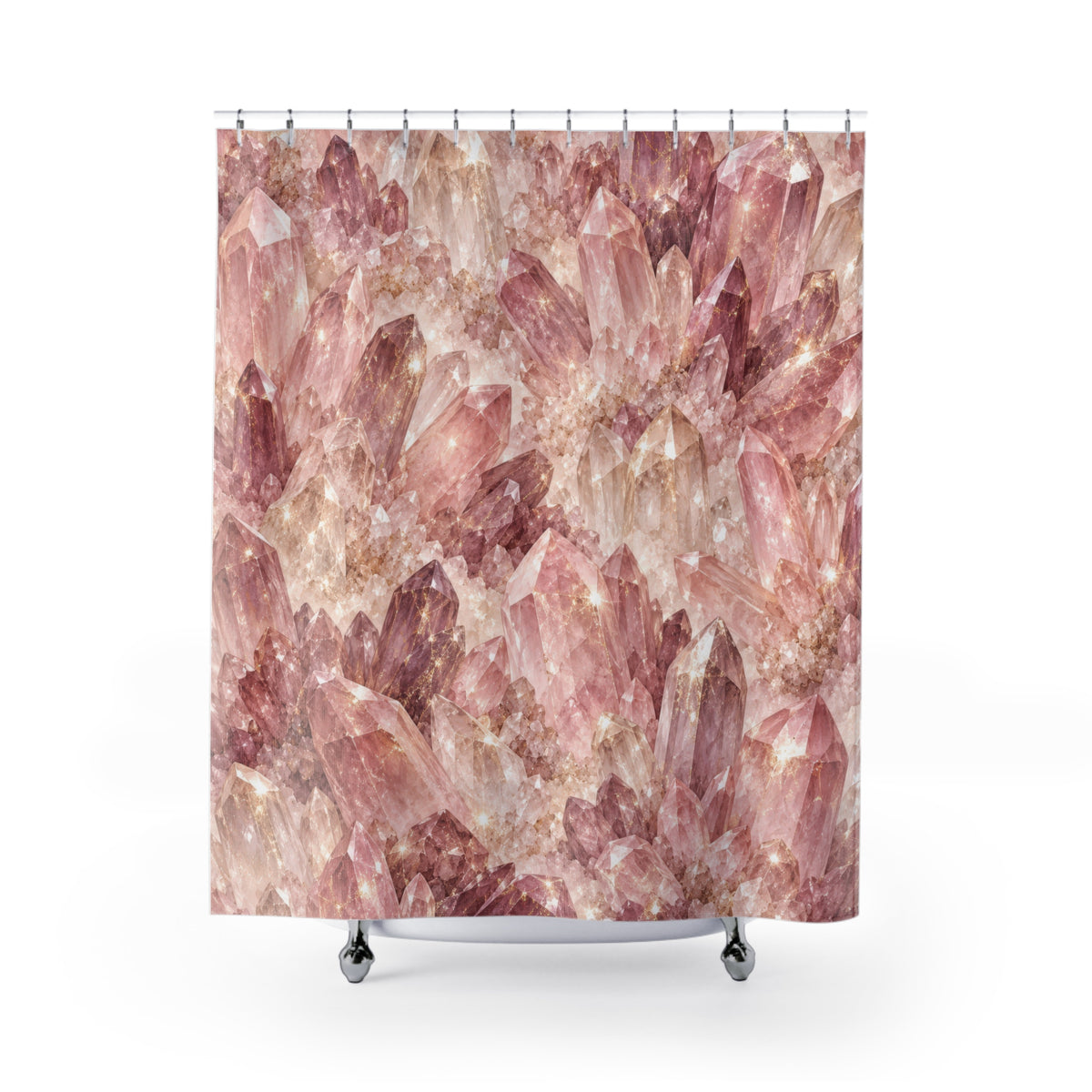 Pink and mauve quartz crystals with pale glints shower curtain with full front view
