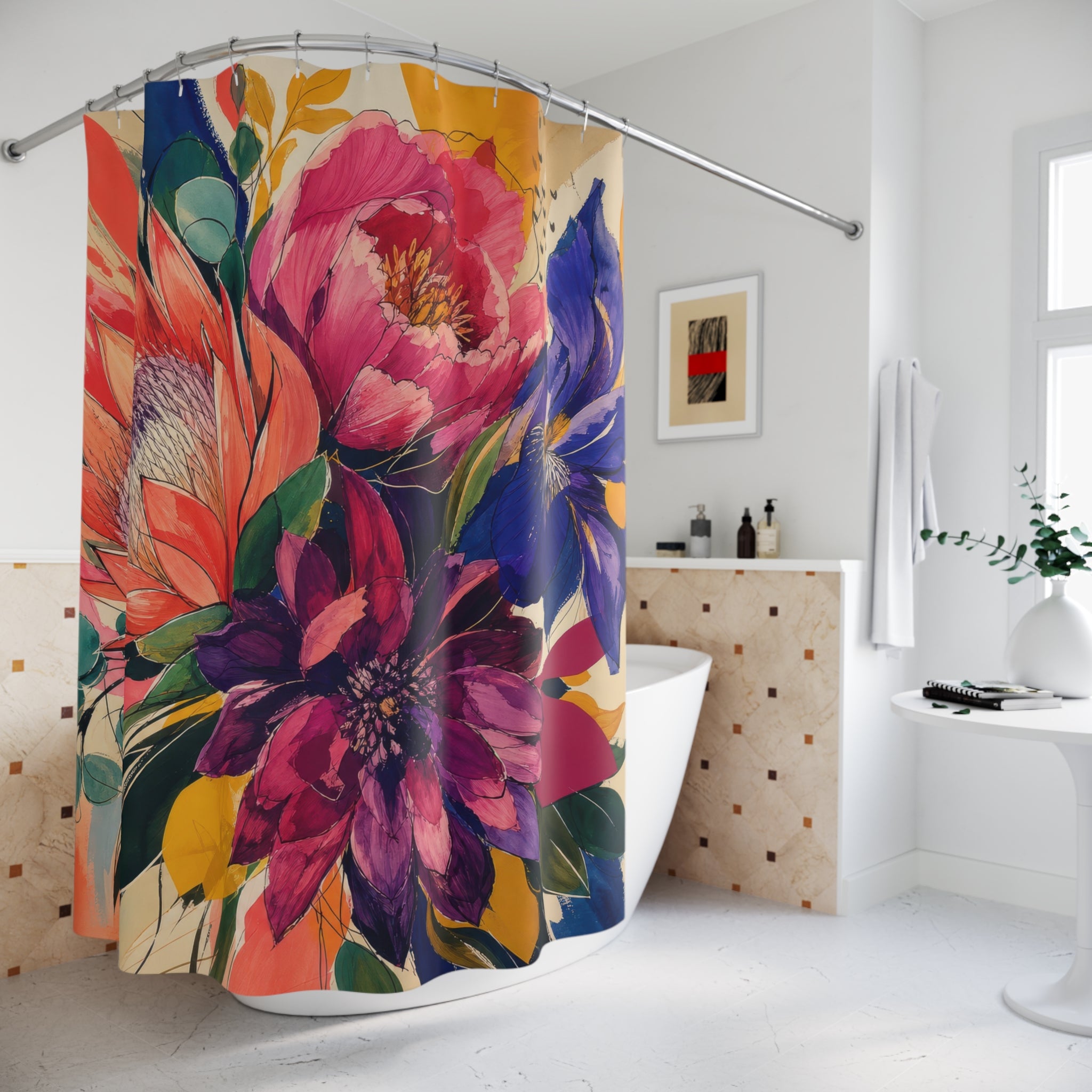Artistic Flower Shower Curtain, Gestural Protea Peony Dahlia Painting