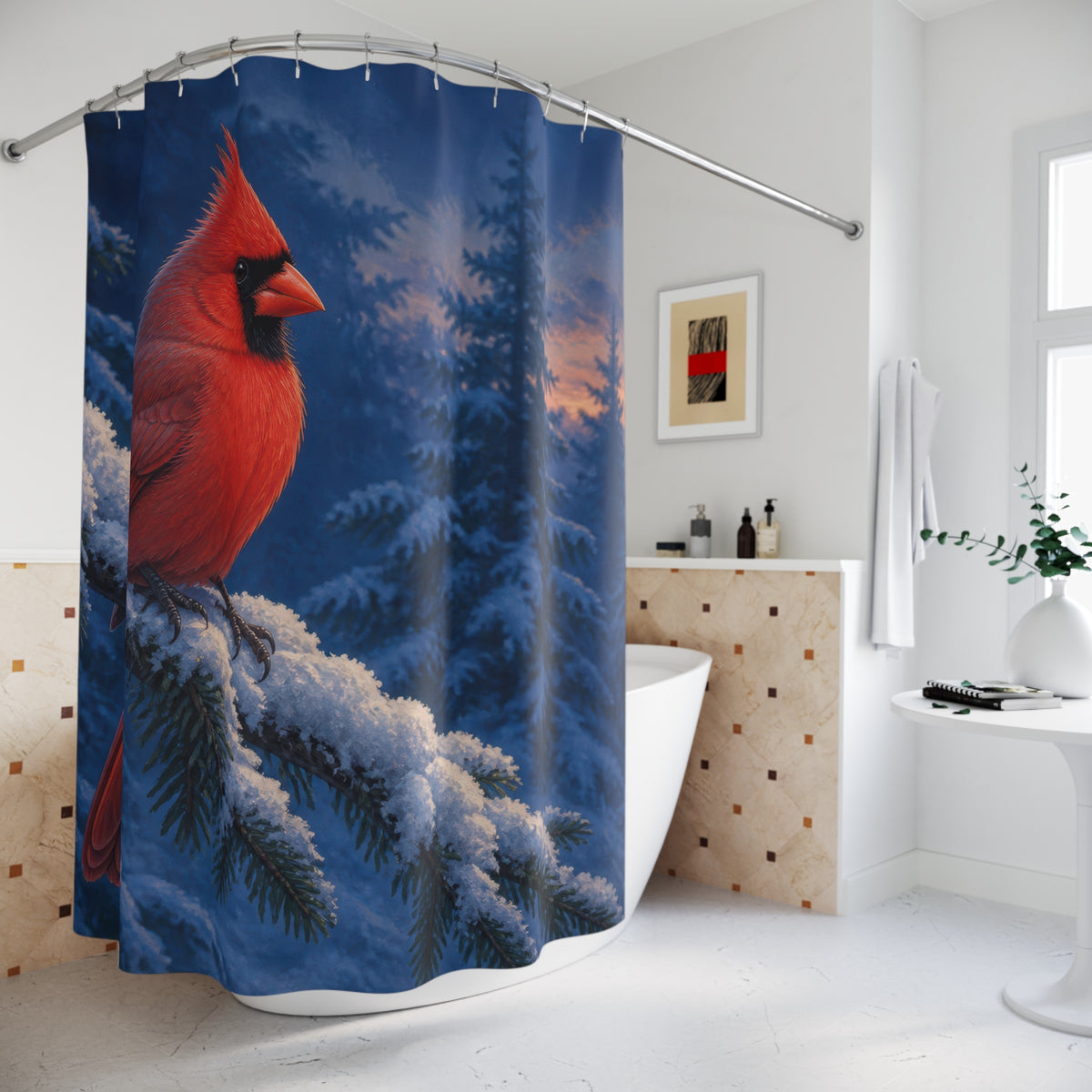 Red cardinal on snowy evergreen shower curtain beside a freestanding tub