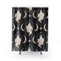 Ivory white ghost cameos with mauve crescents shower curtain with full front view