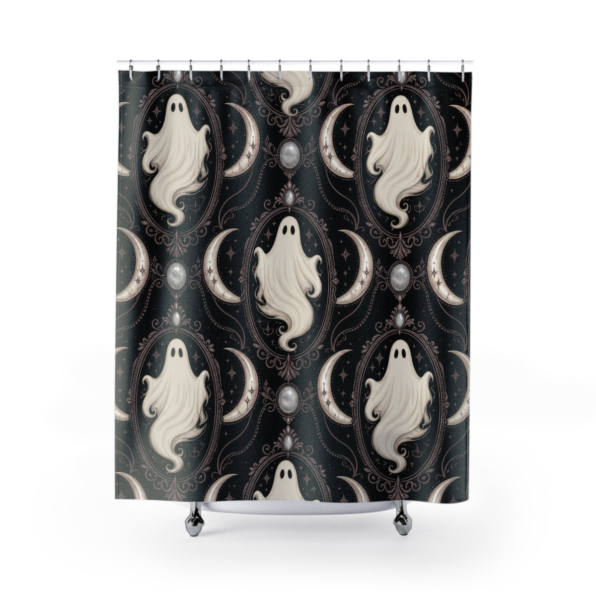 Ivory white ghost cameos with mauve crescents shower curtain with full front view