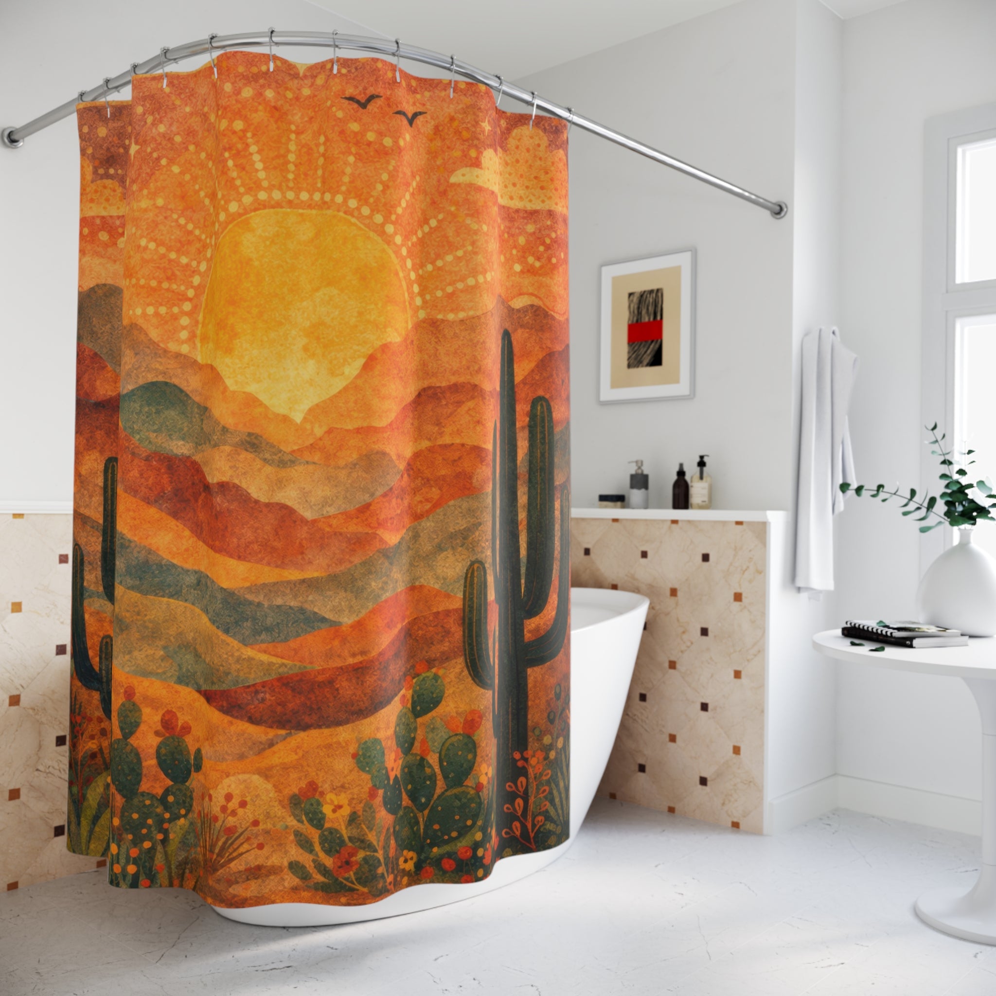 Folk Art Desert Shower Curtain — Terracotta Cactus