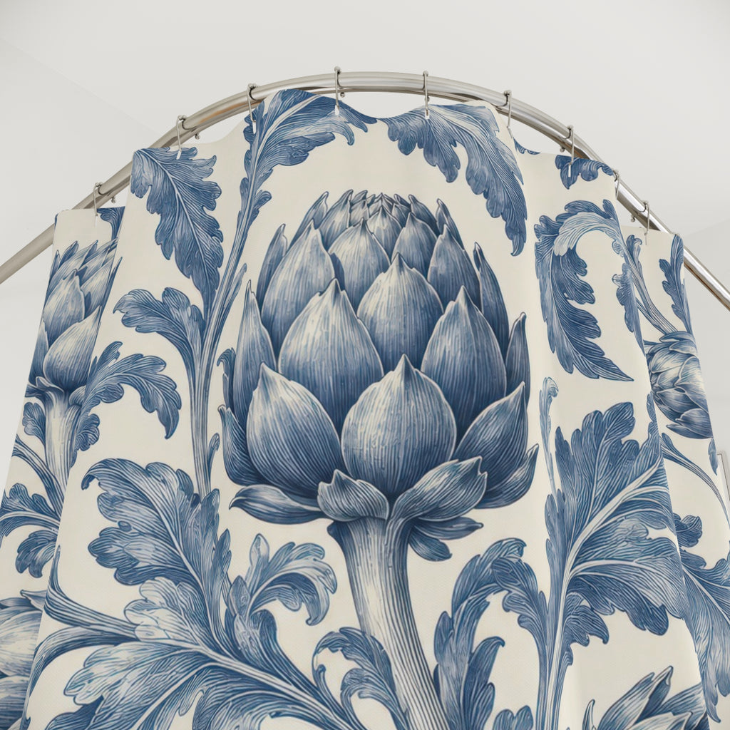 Blue artichokes and curling lobed leaves on cream shower curtain with close-up print, hooks, and folds